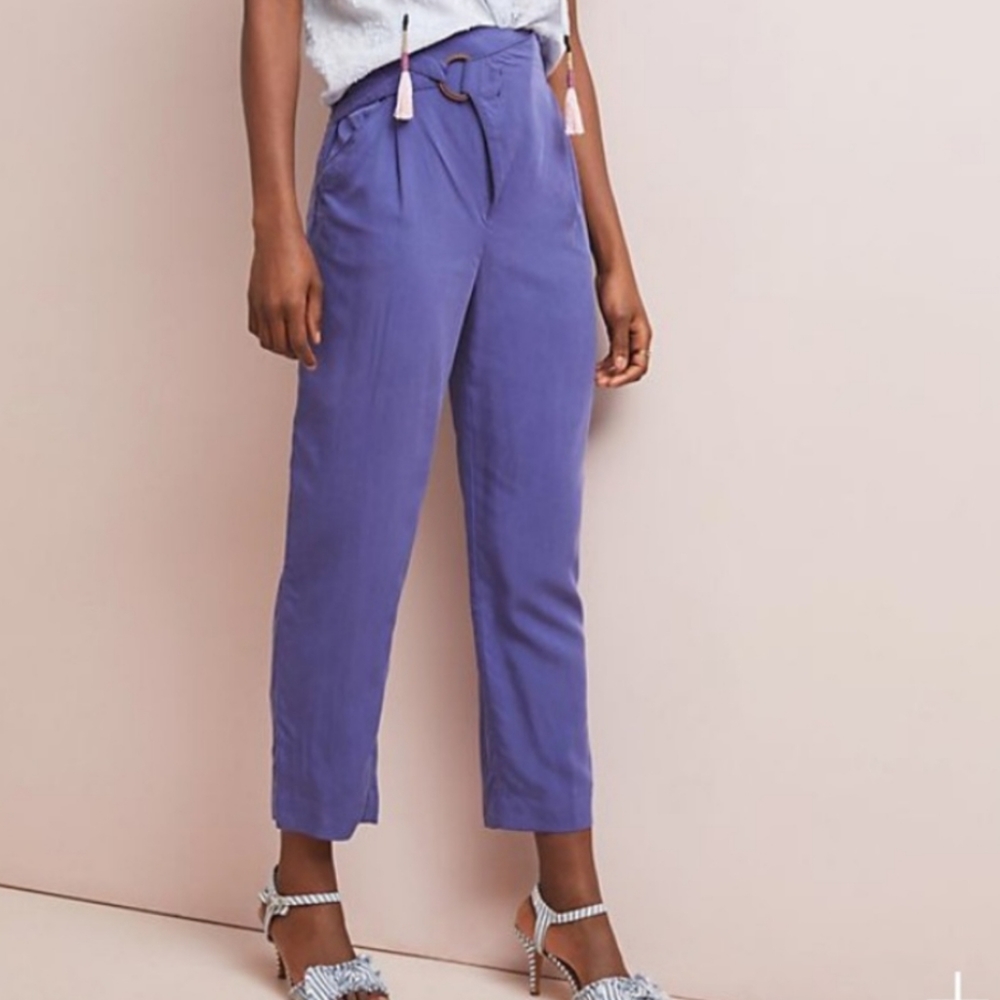 Anthropologie Cupro High-Rise Tapered Paperbag Pants in Perwinkle Blue Purple